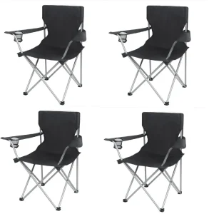 4 PACK Basic Quad Folding Camp Chair with Cup Holder Black