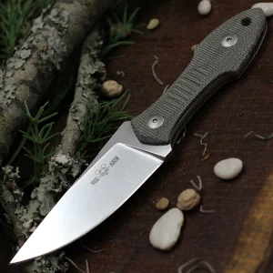 Fixed Blade Knife Satin Drop Point Blade with Leather Sheath